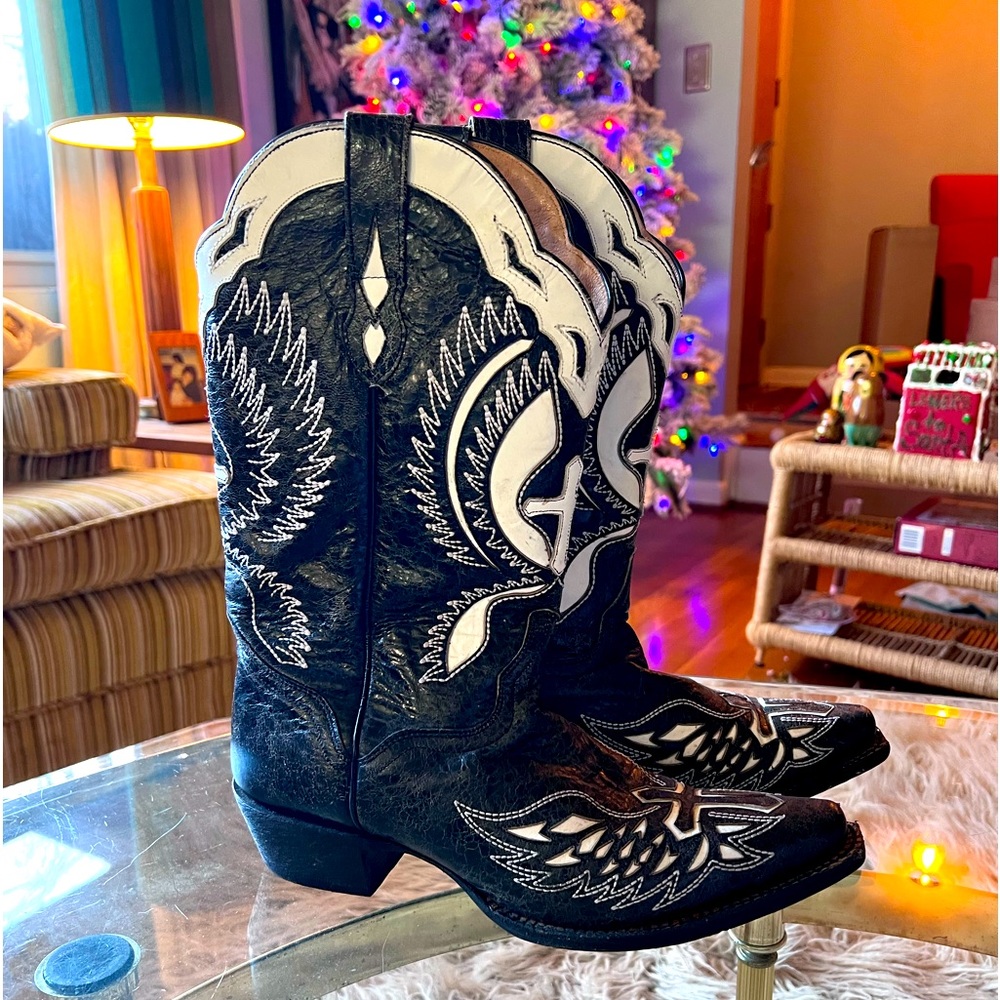 JB Dillion Black & White Cross 10B Cowboy Cowgirl Boots Angel Wings